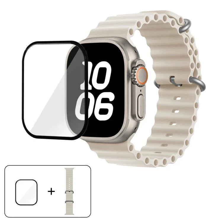 سوار ساعة سيليكون محيطي مع فيلم منحني ثلاثي الأبعاد، لسلسلة Apple Watch مقاس 40مم، لـ Apple Watch Ultra 2 / 1 مقاس 49مم، لسلسلة Apple Watch مقاس 45مم