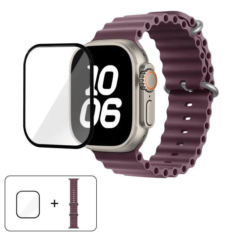 سوار ساعة سيليكون محيطي مع فيلم منحني ثلاثي الأبعاد، لسلسلة Apple Watch مقاس 40مم، لـ Apple Watch Ultra 2 / 1 مقاس 49مم، لسلسلة Apple Watch مقاس 45مم