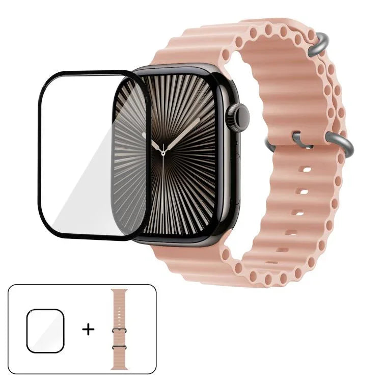 سوار ساعة سيليكون محيطي مع فيلم منحني ثلاثي الأبعاد، لسلسلة Apple Watch مقاس 40مم، لـ Apple Watch Ultra 2 / 1 مقاس 49مم، لسلسلة Apple Watch مقاس 45مم