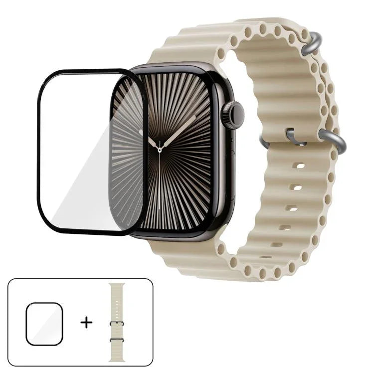 سوار ساعة سيليكون محيطي مع فيلم منحني ثلاثي الأبعاد، لسلسلة Apple Watch مقاس 40مم، لـ Apple Watch Ultra 2 / 1 مقاس 49مم، لسلسلة Apple Watch مقاس 45مم
