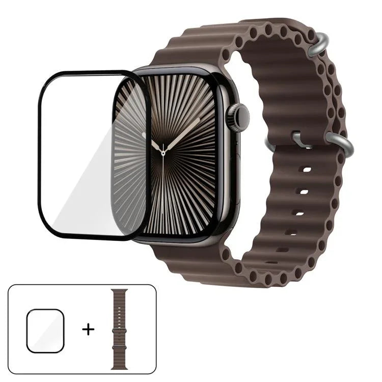 سوار ساعة سيليكون محيطي مع فيلم منحني ثلاثي الأبعاد، لسلسلة Apple Watch مقاس 40مم، لـ Apple Watch Ultra 2 / 1 مقاس 49مم، لسلسلة Apple Watch مقاس 45مم