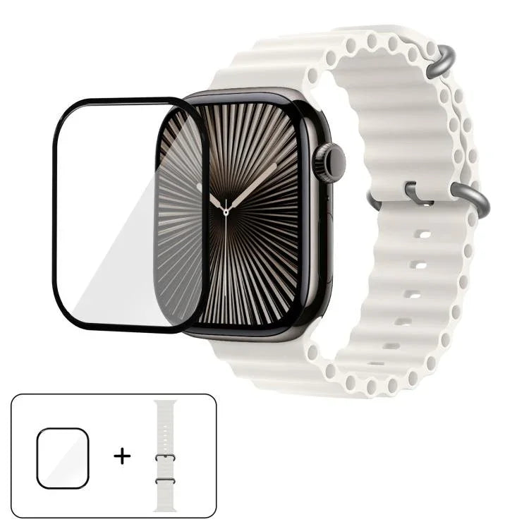 سوار ساعة سيليكون محيطي مع فيلم منحني ثلاثي الأبعاد، لسلسلة Apple Watch مقاس 41مم، لسلسلة Apple Watch مقاس 38مم، لسلسلة Apple Watch مقاس 42مم