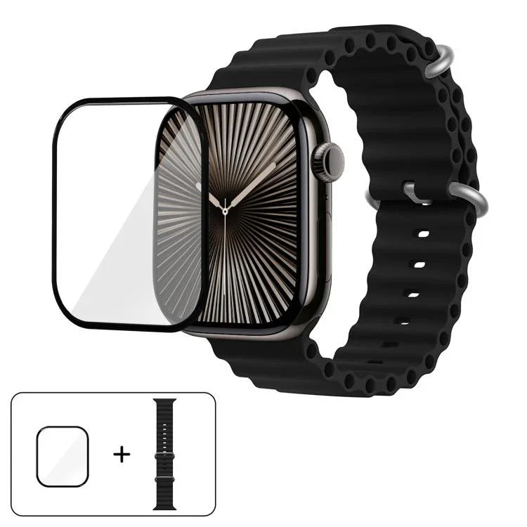 سوار ساعة سيليكون محيطي مع فيلم منحني ثلاثي الأبعاد، لسلسلة Apple Watch مقاس 41مم، لسلسلة Apple Watch مقاس 38مم، لسلسلة Apple Watch مقاس 42مم