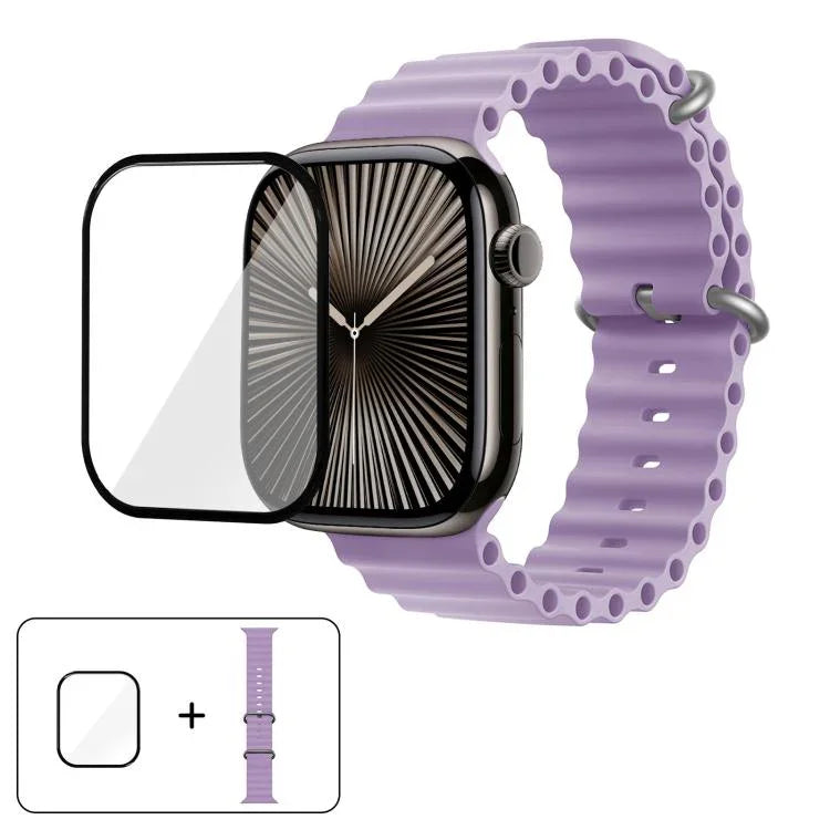 سوار ساعة سيليكون محيطي مع فيلم منحني ثلاثي الأبعاد، لسلسلة Apple Watch مقاس 41مم، لسلسلة Apple Watch مقاس 38مم، لسلسلة Apple Watch مقاس 42مم