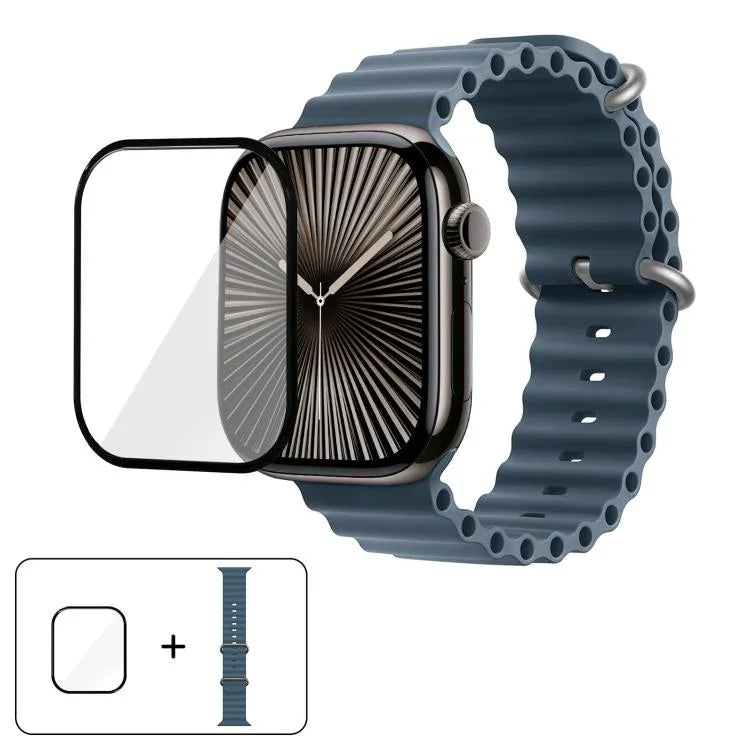سوار ساعة سيليكون محيطي مع فيلم منحني ثلاثي الأبعاد، لسلسلة Apple Watch مقاس 41مم، لسلسلة Apple Watch مقاس 38مم، لسلسلة Apple Watch مقاس 42مم