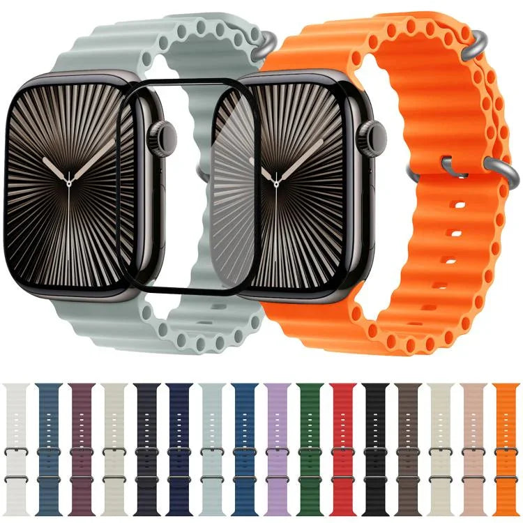 سوار ساعة سيليكون محيطي مع فيلم منحني ثلاثي الأبعاد، لسلسلة Apple Watch مقاس 40مم، لـ Apple Watch Ultra 2 / 1 مقاس 49مم، لسلسلة Apple Watch مقاس 45مم