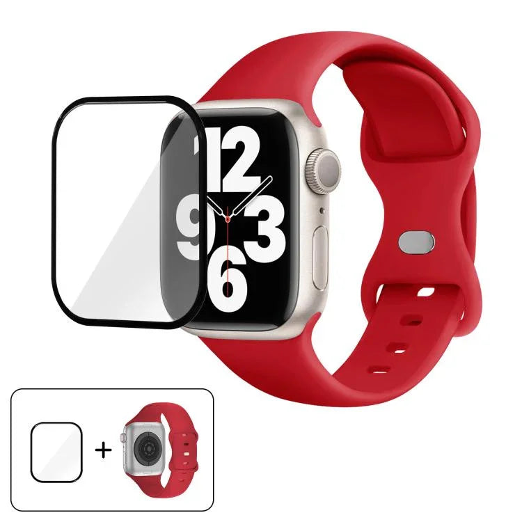 سوار ساعة سيليكون بحلقة إبزيم فراشة مع فيلم منحني ثلاثي الأبعاد، لسلسلة Apple Watch 10 مقاس 46مم، لسلسلة Apple Watch 10 مقاس 42مم، لسلسلة Apple Watch مقاس 44مم