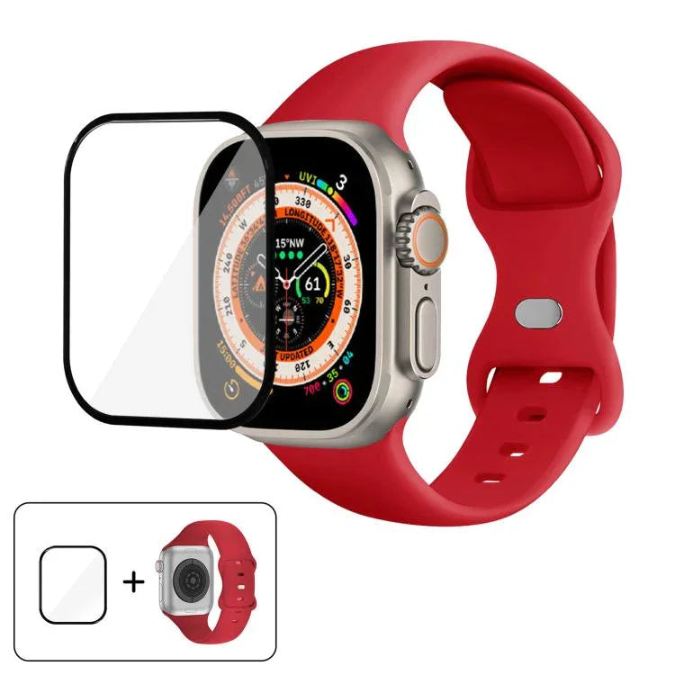 سوار ساعة سيليكون بحلقة إبزيم فراشة مع فيلم منحني ثلاثي الأبعاد، لسلسلة Apple Watch مقاس 40مم، لـ Apple Watch Ultra 2 / 1 مقاس 49مم، لسلسلة Apple Watch مقاس 45مم