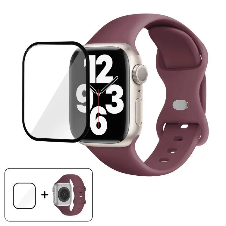 سوار ساعة سيليكون بحلقة إبزيم فراشة مع فيلم منحني ثلاثي الأبعاد، لسلسلة Apple Watch مقاس 41مم، لسلسلة Apple Watch مقاس 38مم، لسلسلة Apple Watch مقاس 42مم