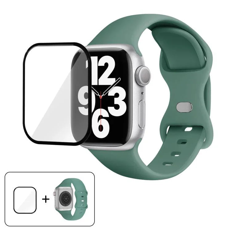 سوار ساعة سيليكون بحلقة إبزيم فراشة مع فيلم منحني ثلاثي الأبعاد، لسلسلة Apple Watch مقاس 41مم، لسلسلة Apple Watch مقاس 38مم، لسلسلة Apple Watch مقاس 42مم