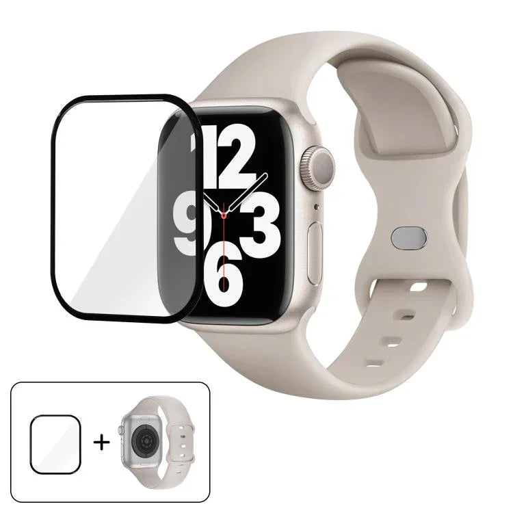 سوار ساعة سيليكون بحلقة إبزيم فراشة مع فيلم منحني ثلاثي الأبعاد، لسلسلة Apple Watch مقاس 41مم، لسلسلة Apple Watch مقاس 38مم، لسلسلة Apple Watch مقاس 42مم