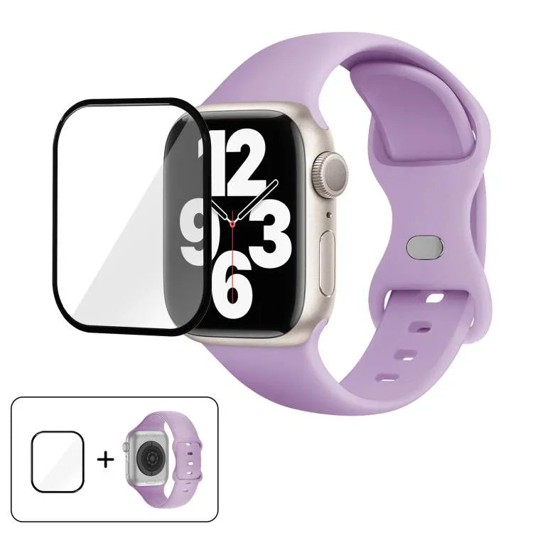 سوار ساعة سيليكون بحلقة إبزيم فراشة مع فيلم منحني ثلاثي الأبعاد، لسلسلة Apple Watch مقاس 41مم، لسلسلة Apple Watch مقاس 38مم، لسلسلة Apple Watch مقاس 42مم