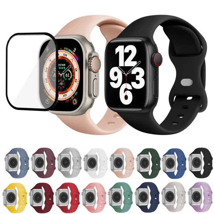 سوار ساعة سيليكون بحلقة إبزيم فراشة مع فيلم منحني ثلاثي الأبعاد، لسلسلة Apple Watch مقاس 41مم، لسلسلة Apple Watch مقاس 38مم، لسلسلة Apple Watch مقاس 42مم