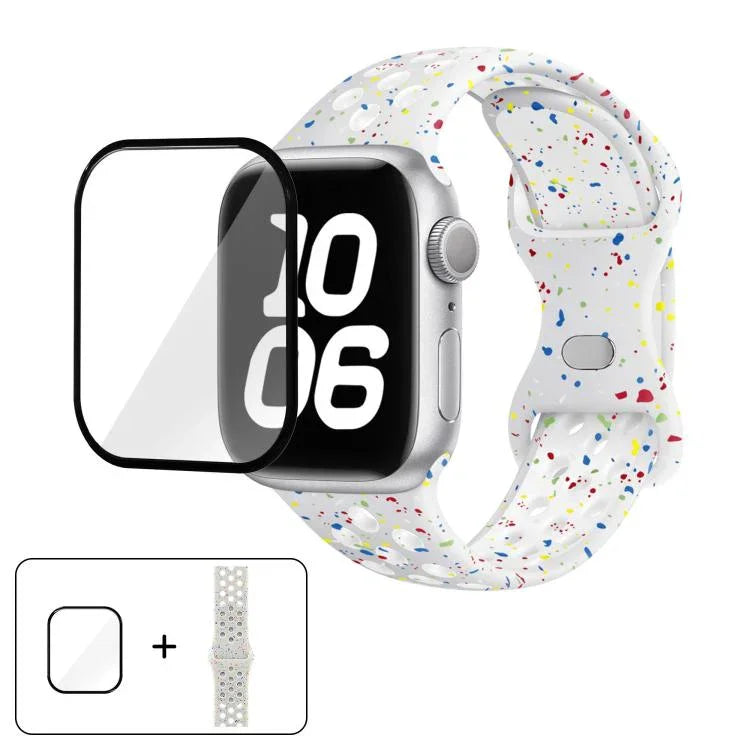 سوار ساعة سيليكون بنقطة لون إبزيم فراشة مع فيلم منحني ثلاثي الأبعاد، لسلسلة Apple Watch مقاس 42مم