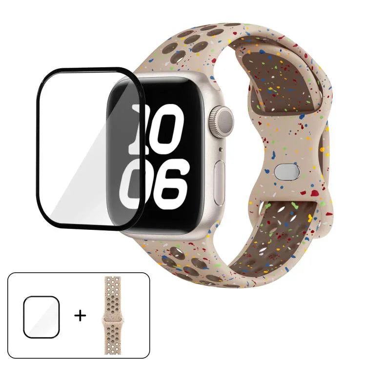 سوار ساعة سيليكون بنقطة لون إبزيم فراشة مع فيلم منحني ثلاثي الأبعاد، لسلسلة Apple Watch مقاس 42مم