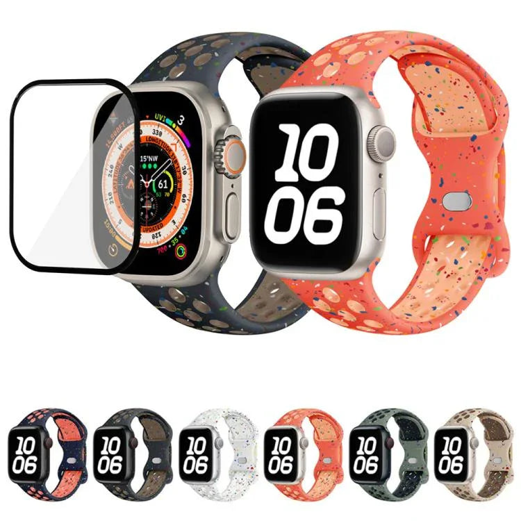 سوار ساعة سيليكون بنقطة لون إبزيم فراشة مع فيلم منحني ثلاثي الأبعاد، لسلسلة Apple Watch مقاس 42مم