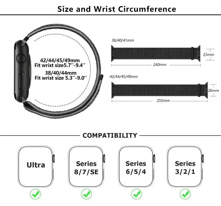 سوار ساعة من النايلون الأساسي بحلقة مع فيلم منحني ثلاثي الأبعاد، لسلسلة Apple Watch مقاس 41مم، لسلسلة Apple Watch مقاس 38مم، لسلسلة Apple Watch مقاس 42مم