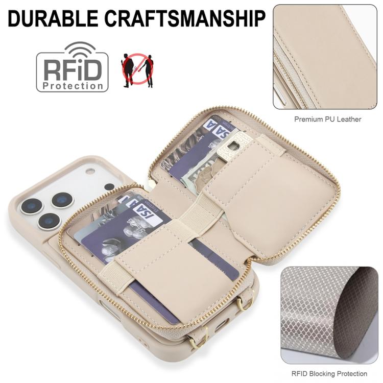 غطاء هاتف بحقيبة بطاقات RFID بسحاب عابر للجسم، لهواتف iPhone 17 Pro Max، iPhone 17 Pro، iPhone Air، iPhone 15 Pro Max، iPhone 15 Pro، iPhone 15 Plus / 14 Plus