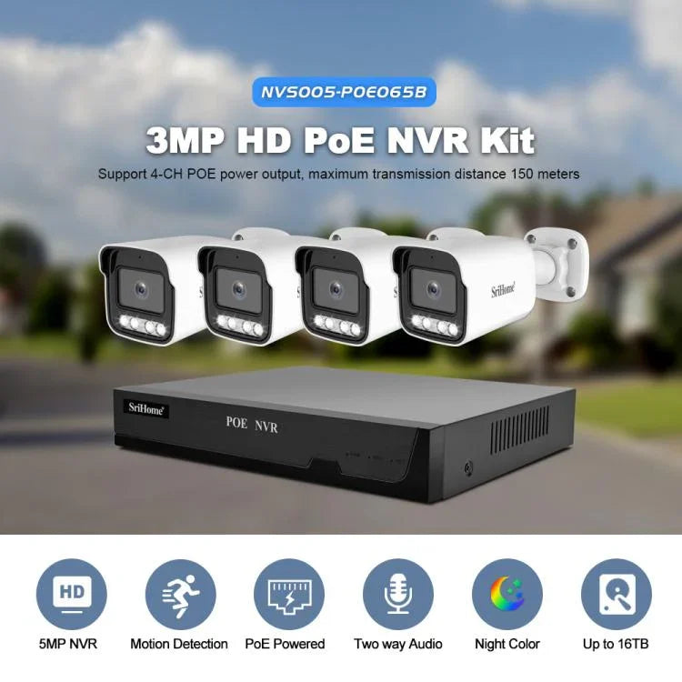 مجموعة مسجل فيديو شبكي POE كاميرا 3MP HD 4-قنوات SriHome NVS005-POE065، 3MP 4-قنوات