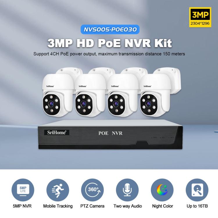 مجموعة مسجل فيديو شبكي لكاميرات POE 4 قنوات بدقة 3 ميجابكسل من SriHome NVS005-POE030، 3 ميجابكسل 4 قنوات
