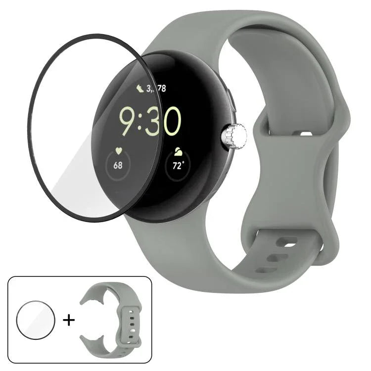 سوار ساعة سيليكون بإبزيم فراشة مع فيلم منحني ثلاثي الأبعاد، لساعات Google Pixel Watch 3 مقاس 45مم، لساعات Google Pixel Watch 3 مقاس 41مم، لساعات Google Pixel Watch 2، لساعات Google Pixel Watch