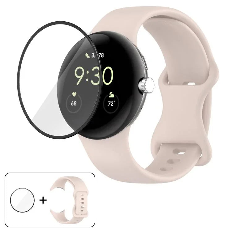 سوار ساعة سيليكون بإبزيم فراشة مع فيلم منحني ثلاثي الأبعاد، لساعات Google Pixel Watch 3 مقاس 45مم، لساعات Google Pixel Watch 3 مقاس 41مم، لساعات Google Pixel Watch 2، لساعات Google Pixel Watch