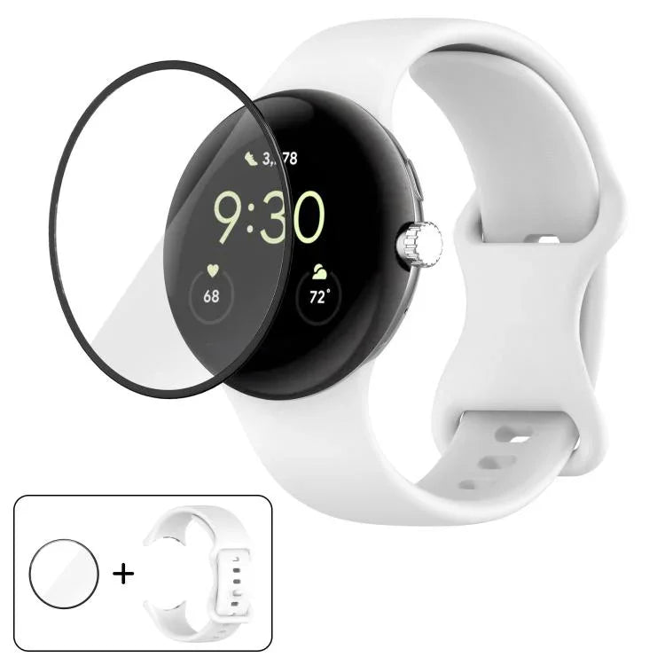 سوار ساعة سيليكون بإبزيم فراشة مع فيلم منحني ثلاثي الأبعاد، لساعات Google Pixel Watch 3 مقاس 45مم، لساعات Google Pixel Watch 3 مقاس 41مم، لساعات Google Pixel Watch 2، لساعات Google Pixel Watch