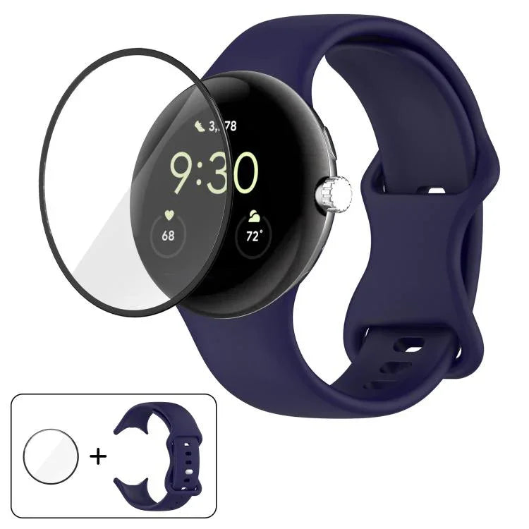 سوار ساعة سيليكون بإبزيم فراشة مع فيلم منحني ثلاثي الأبعاد، لساعات Google Pixel Watch 3 مقاس 45مم، لساعات Google Pixel Watch 3 مقاس 41مم، لساعات Google Pixel Watch 2، لساعات Google Pixel Watch