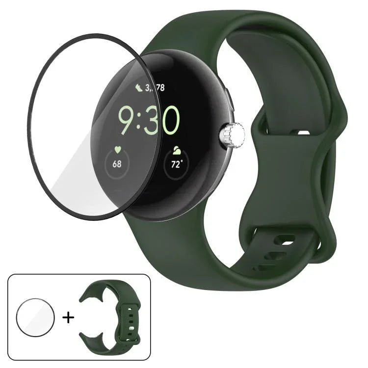 سوار ساعة سيليكون بإبزيم فراشة مع فيلم منحني ثلاثي الأبعاد، لساعات Google Pixel Watch 3 مقاس 45مم، لساعات Google Pixel Watch 3 مقاس 41مم، لساعات Google Pixel Watch 2، لساعات Google Pixel Watch