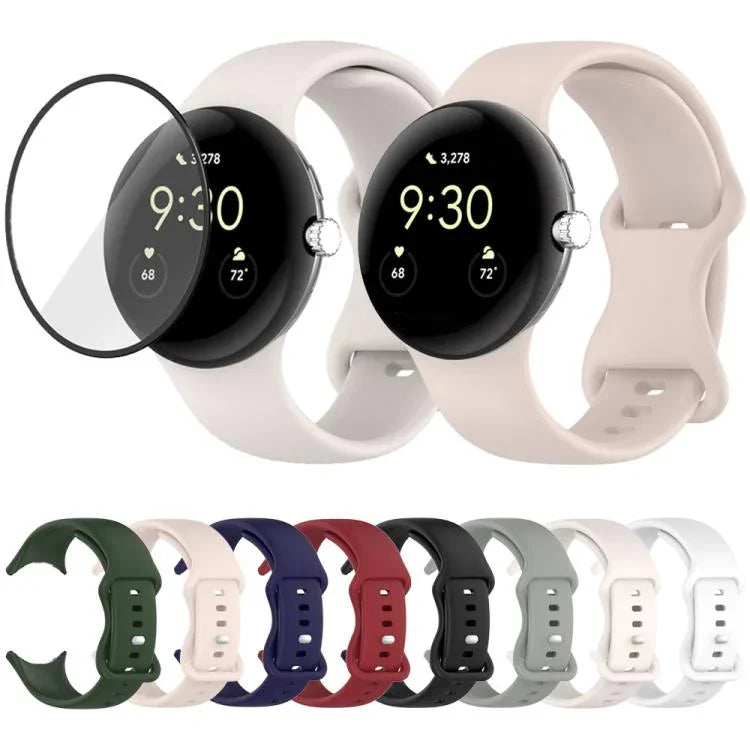 سوار ساعة سيليكون بإبزيم فراشة مع فيلم منحني ثلاثي الأبعاد، لساعات Google Pixel Watch 3 مقاس 45مم، لساعات Google Pixel Watch 3 مقاس 41مم، لساعات Google Pixel Watch 2، لساعات Google Pixel Watch