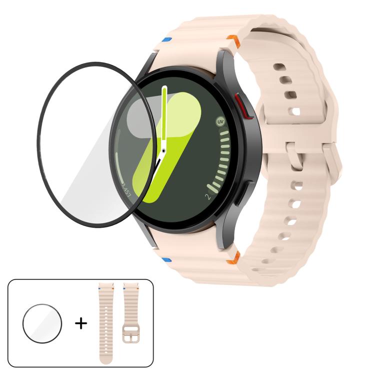 سوار ساعة سيليكون بخياطة متموجة مع فيلم منحني ثلاثي الأبعاد، لساعات Samsung Galaxy Watch FE مقاس 40مم، وSamsung Galaxy Watch7 مقاس 44مم، وSamsung Galaxy Watch7 مقاس 40مم، وSamsung Galaxy Watch6 Classic مقاس 47مم