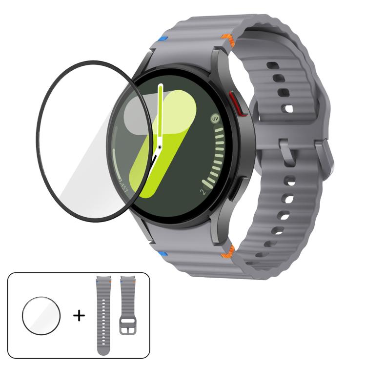 سوار ساعة سيليكون بخياطة متموجة مع فيلم منحني ثلاثي الأبعاد، لساعات Samsung Galaxy Watch FE مقاس 40مم، وSamsung Galaxy Watch7 مقاس 44مم، وSamsung Galaxy Watch7 مقاس 40مم، وSamsung Galaxy Watch6 Classic مقاس 47مم