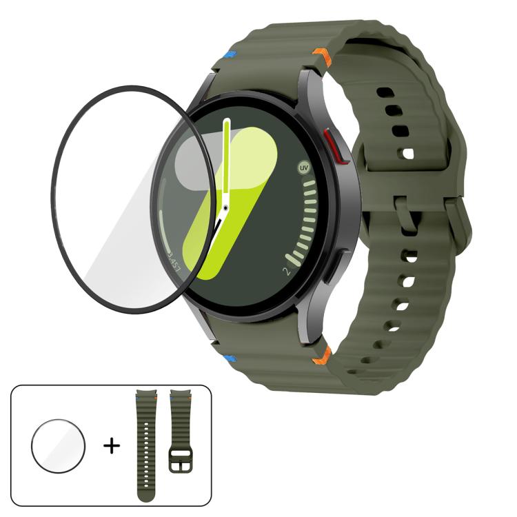 سوار ساعة سيليكون بتطريز متموج مع فيلم منحني ثلاثي الأبعاد، لساعات Samsung Galaxy Watch5 Pro 45mm، Samsung Galaxy Watch5 40mm، Samsung Galaxy Watch4 44mm، Samsung Galaxy Watch4 40mm