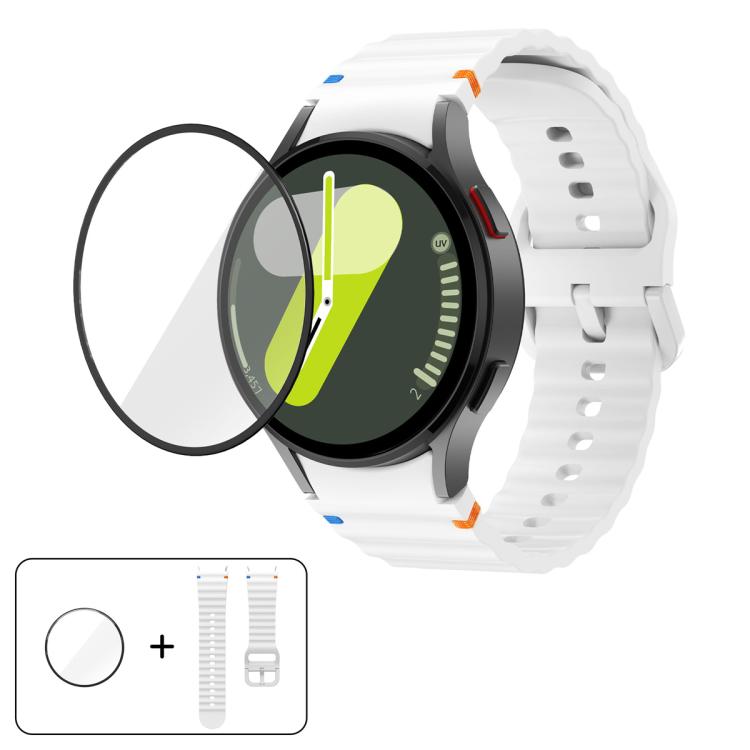سوار ساعة سيليكون بتطريز متموج مع فيلم منحني ثلاثي الأبعاد، لساعات Samsung Galaxy Watch5 Pro 45mm، Samsung Galaxy Watch5 40mm، Samsung Galaxy Watch4 44mm، Samsung Galaxy Watch4 40mm