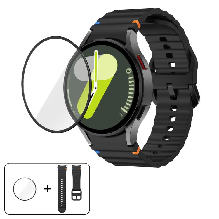سوار ساعة سيليكون بتطريز متموج مع فيلم منحني ثلاثي الأبعاد، لساعات Samsung Galaxy Watch4 Classic 46mm، Samsung Galaxy Watch4 Classic 42mm، Samsung Galaxy Watch5 Active 40mm، Samsung Galaxy Watch5 Active 44mm