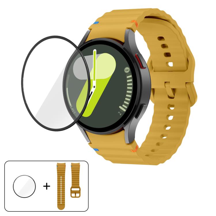 سوار ساعة سيليكون بتطريز متموج مع فيلم منحني ثلاثي الأبعاد، لساعات Samsung Galaxy Watch4 Classic 46mm، Samsung Galaxy Watch4 Classic 42mm، Samsung Galaxy Watch5 Active 40mm، Samsung Galaxy Watch5 Active 44mm