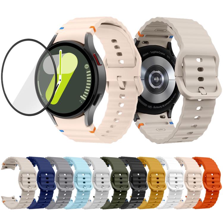 سوار ساعة سيليكون بتطريز متموج مع فيلم منحني ثلاثي الأبعاد، لساعات Samsung Galaxy Watch5 Pro 45mm، Samsung Galaxy Watch5 40mm، Samsung Galaxy Watch4 44mm، Samsung Galaxy Watch4 40mm
