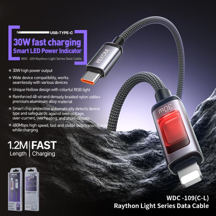 كابل بيانات شحن سريع ذكي مع شاشة رقمية WK WDC-109 بقوة 30 واط من نوع Type-C إلى 8 دبابيس، الطول: 1.2م، WDC-109