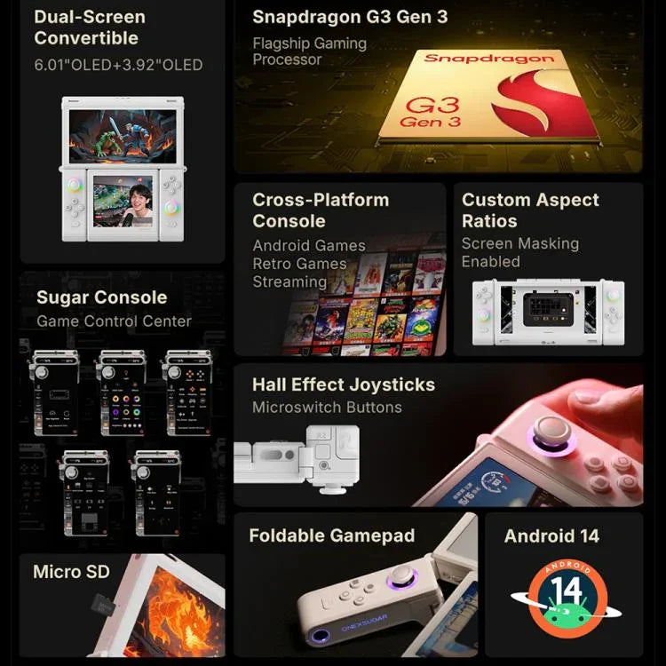 جهاز ألعاب محمول بشاشتين Sugar 1 من ONE-NETBOOK، أندرويد 14، سناب دراجون G3 الجيل الثالث، 16 جيجابايت + 512 جيجابايت