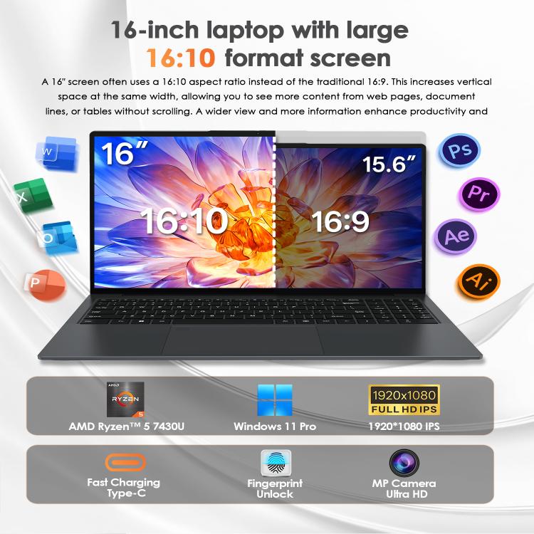 حاسوب محمول GXMO T160 16 بوصة، ويندوز 11، 16GB+512GB، معالج AMD Ryzen 5 7430U سداسي النواة، قابس الاتحاد الأوروبي، قابس الولايات المتحدة، قابس المملكة المتحدة، قابس أستراليا