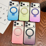 غطاء هاتف شفاف مع حامل حلقة معدنية متدرجة اللون ومغناطيس MagSafe، لهواتف iPhone 17 Pro Max و iPhone 17 Pro و iPhone 17 و iPhone Air و iPhone 16 Pro Max و iPhone 16 Pro و iPhone 16 Plus و iPhone 16