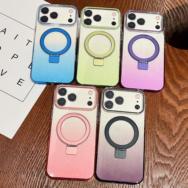 غطاء هاتف شفاف مع حامل حلقة معدنية متدرجة اللون ومغناطيس MagSafe، لهواتف iPhone 17 Pro Max و iPhone 17 Pro و iPhone 17 و iPhone Air و iPhone 16 Pro Max و iPhone 16 Pro و iPhone 16 Plus و iPhone 16