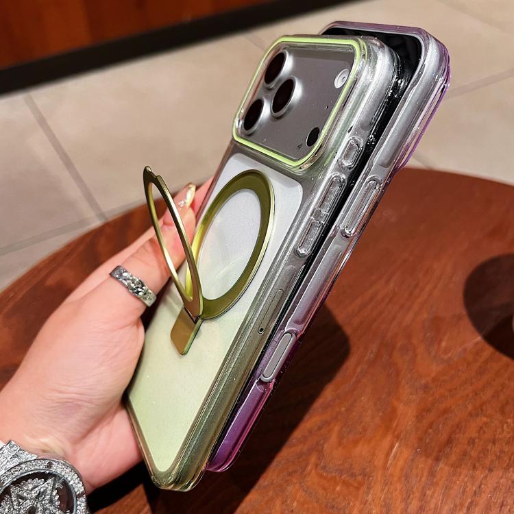 غطاء هاتف شفاف مع حامل حلقة معدنية متدرجة اللون ومغناطيس MagSafe، لهواتف iPhone 17 Pro Max و iPhone 17 Pro و iPhone 17 و iPhone Air و iPhone 16 Pro Max و iPhone 16 Pro و iPhone 16 Plus و iPhone 16
