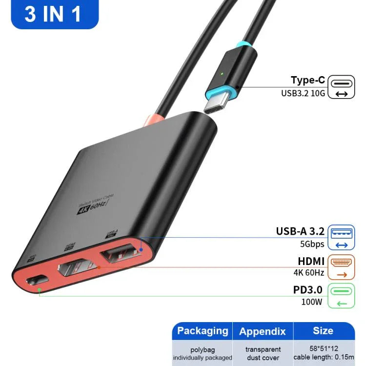 محطة إرساء مكتبية 3 في 1 من نوع Type-C إلى HDMI + USB 3.0 + منفذ شحن Type-C PD، لجهاز نينتندو سويتش