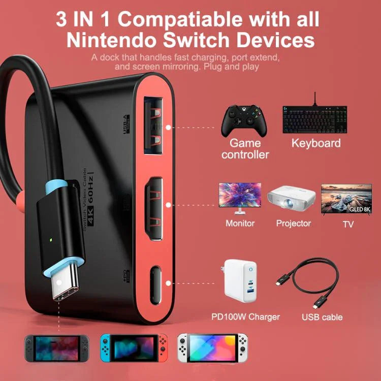 محطة إرساء مكتبية 3 في 1 من نوع Type-C إلى HDMI + USB 3.0 + منفذ شحن Type-C PD، لجهاز نينتندو سويتش