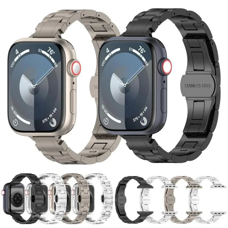 حزام ساعة بسبيكة التيتانيوم مع إبزيم فراشة بثلاث حبات وخصر نحيف، لسلسلة Apple Watch مقاسات 46مم / 49مم / 45مم / 44مم، لسلسلة Apple Watch مقاسات 42مم / 41مم / 40مم / 38مم
