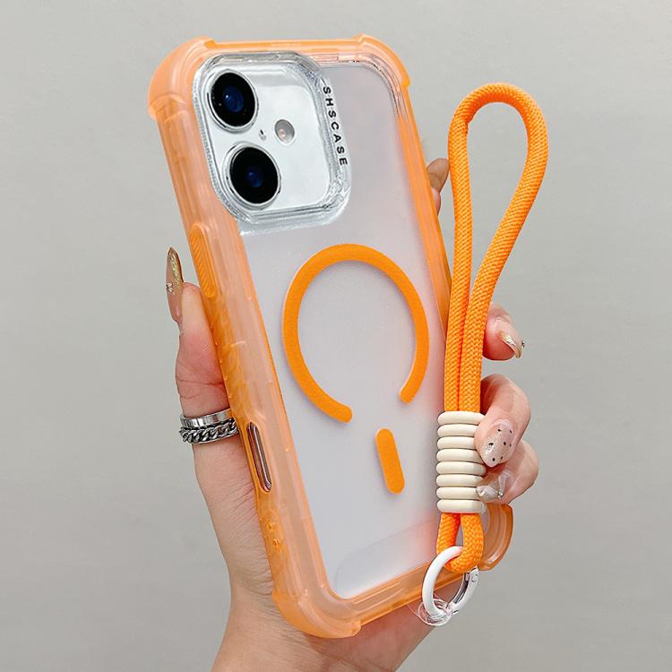 غطاء هاتف شفاف مطفي هجين من TPU وPC مع MagSafe 3 في 1 مع حزام معصم، لهواتف iPhone 17 Pro Max، iPhone 17 Pro، iPhone 17، iPhone Air، iPhone 16 Pro Max، iPhone 16 Pro، iPhone 16 Plus، iPhone 16