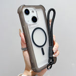 غطاء هاتف شفاف هجين من TPU وPC بلمسة مطفية 3 في 1 مع MagSafe وحزام معصم، لهواتف iPhone 15 Pro Max، iPhone 15 Pro، iPhone 15 Plus، iPhone 15، iPhone 14 Plus، iPhone 14، iPhone 14 Pro، iPhone 14 Pro Max