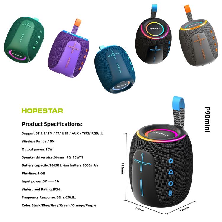 مكبر صوت بلوتوث صغير مقاوم للماء IPX6 بقوة 15 واط من HOPESTAR P90 mini للاستخدام الخارجي