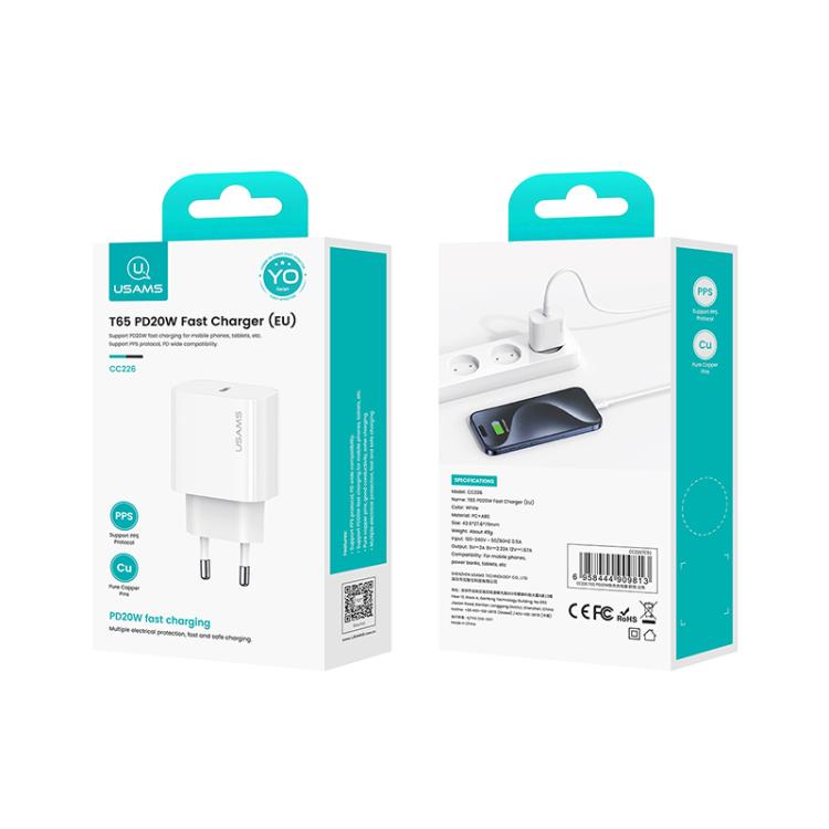 شاحن سريع USB-C / Type-C منفذ واحد USAMS CC226 T65 PD20W، قابس الاتحاد الأوروبي، CC226